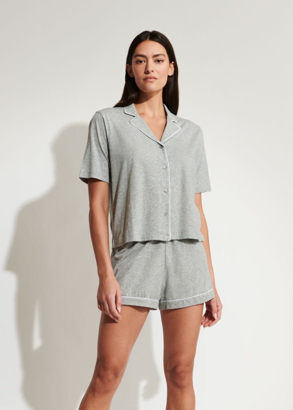 Cayla Short PJ Set|Heather Grey w/ White
